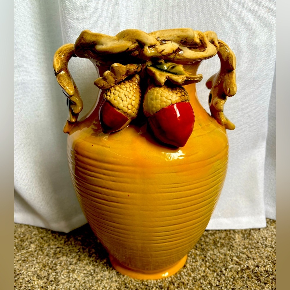 Hand thrown Pottery Urn Vase 3-d Acorns & Oak Leaves Majolica‎ Pottery Vintage